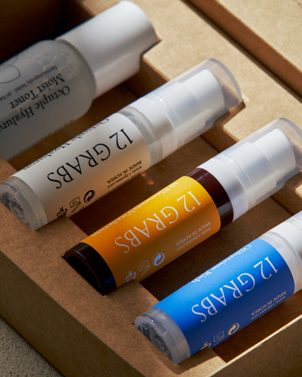 Set de viaje coreano con tónico esencia sérum y crema 12GRABS