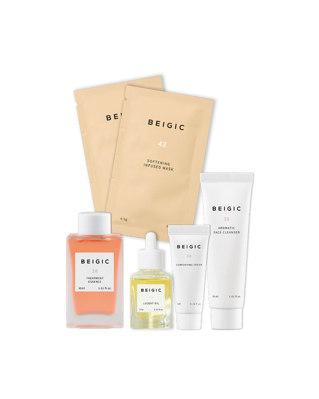 Kit de viaje con esenciales vegano limpiador esencia mascarrilla aceite facial y crema hidratante Beigic Yaksok Cosmetics